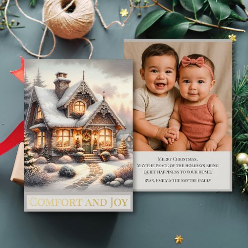 Cozy Christmas Cottage Photo Foil Holiday Card