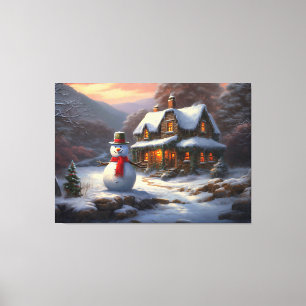 Cozy Christmas Cottage & Snowman   Vintage Winter  Canvas Print