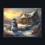 Cozy Christmas Cottage & Snowman | Vintage Winter  Invitation Postcard<br><div class="desc">Step into a serene winter evening with this beautiful and nostalgic Christmas painting. A friendly snowman in a classic top hat welcomes you to a cozy stone cottage, its windows glowing with warm light. The landscape is blanketed in soft snow under a peaceful twilight sky, creating a heartwarming scene that...</div>