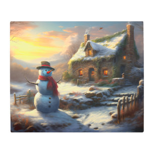 Cozy Christmas Cottage & Snowman Vintage Winter Metal Print
