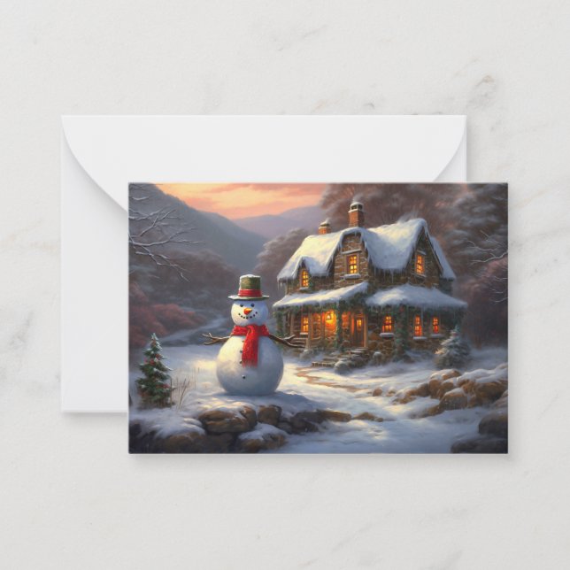 Cozy Christmas Cottage & Snowman | Vintage Winter  Note Card (Front)
