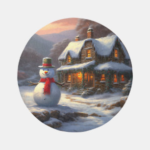 Cozy Christmas Cottage & Snowman Vintage Winter Outdoor Rug