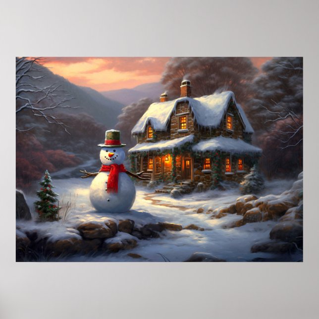 Cozy Christmas Cottage & Snowman | Vintage Winter Poster (Front)