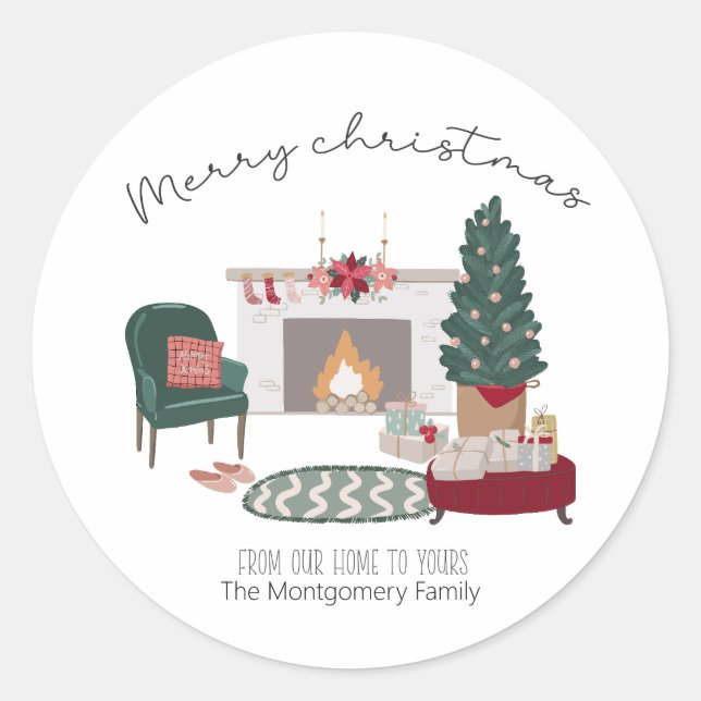 Cozy Christmas Country Home | Add Name  Classic Round Sticker (Front)
