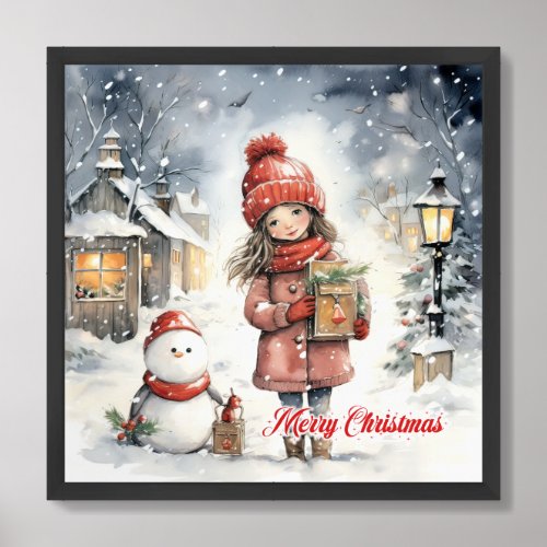 Cozy Christmas country scene with little girl Framed Art