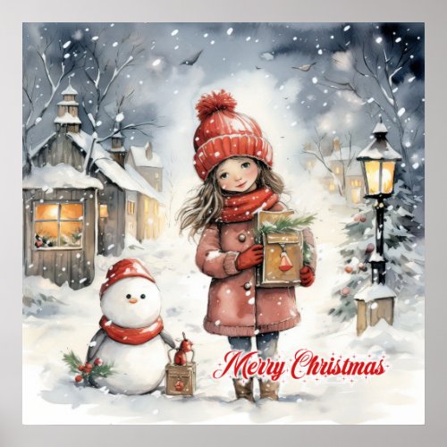 Cozy Christmas country scene with little girl Poster