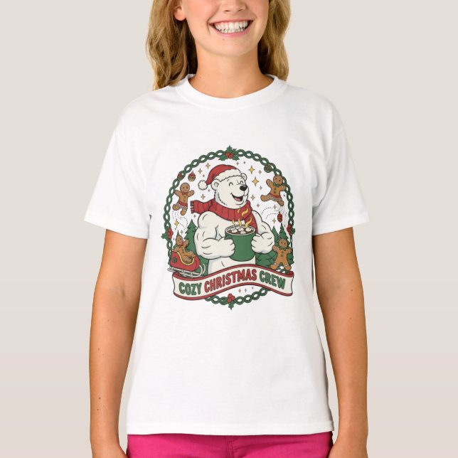 Cozy Christmas Crew – Cute Polar Bear & Gingerbrea T-Shirt (Front)