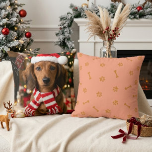 Cozy Christmas Dachshund Paw Print Holiday Throw Pillow