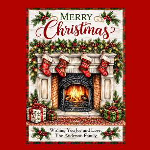 Cozy Christmas Fireplace and Stockings Holiday Card