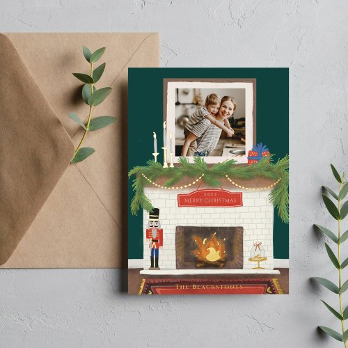 Cozy Christmas Fireplace Illustration With Photo Foil Holiday Card