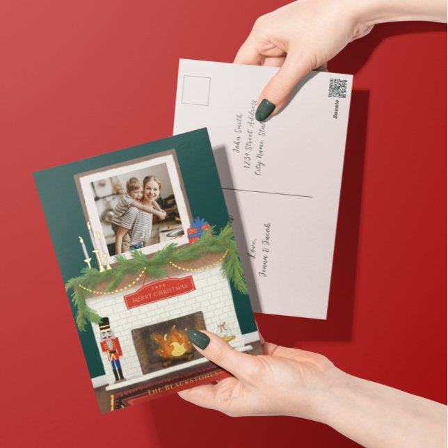 Cozy Christmas Fireplace Illustration With Photo Foil Holiday Postcard (Creator Uploaded)