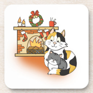 Cozy Christmas Fireplace Mom Cat with Kitten Beverage Coaster