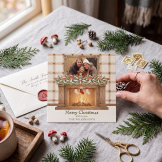 Cozy Christmas Fireplace Photo Card Whimsical