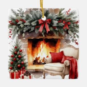 Cozy Christmas Fireplace Watercolor Scene Ceramic Ornament