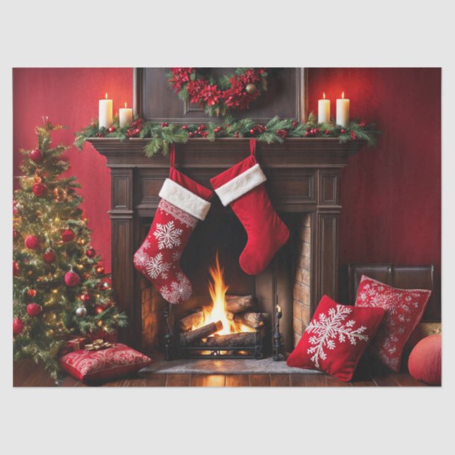 Cozy Christmas Fireplace with Stockings Decoupage  Tissue Paper (Front)