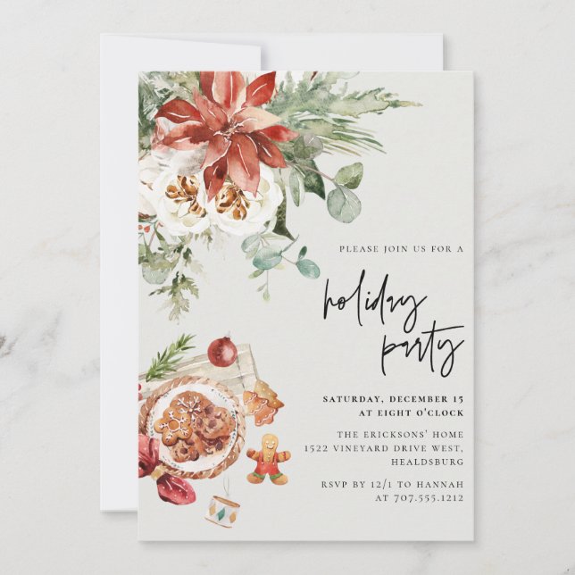 Cozy Christmas Floral & Cookies Holiday Party Invitation (Front)