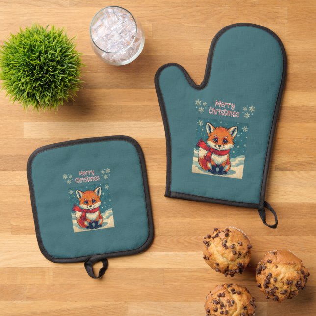 Cozy Christmas Fox  Oven Mitt & Pot Holder Set (Top Down)