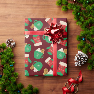 Cozy Christmas Gloves & Gingerbread Latte Dark Red Wrapping Paper