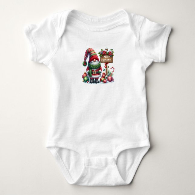 Cozy Christmas Gnome Art – Festive Holiday Baby Bodysuit (Front)