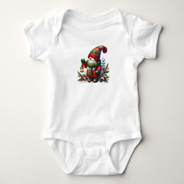Cozy Christmas Gnome Art – Festive Holiday Baby Bodysuit (Front)