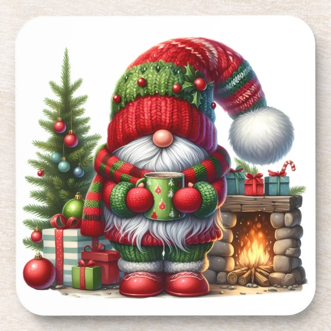 Cozy Christmas Gnome Art – Festive Holiday Beverage Coaster (Front)