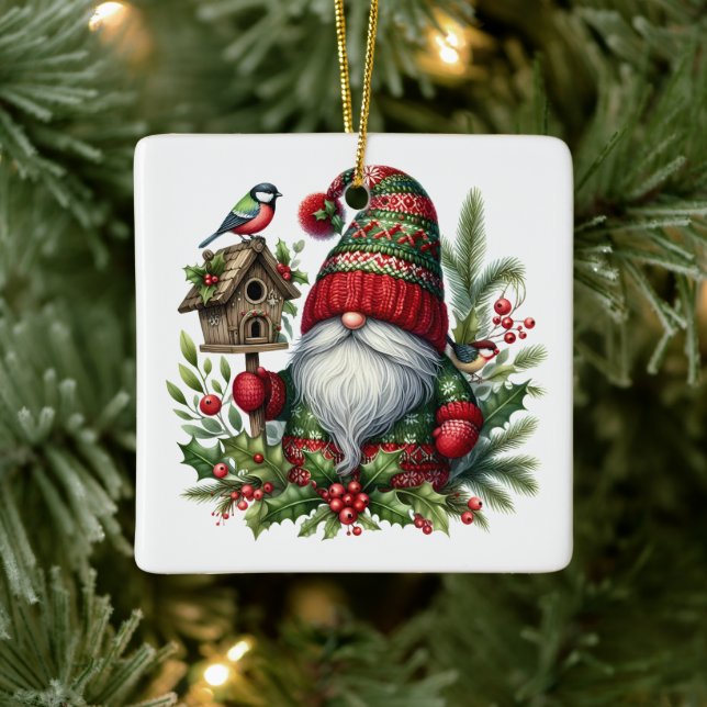Cozy Christmas Gnome Art – Festive Holiday Ceramic Ornament (Tree)