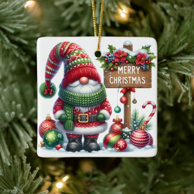 Cozy Christmas Gnome Art – Festive Holiday Ceramic Ornament (Tree)