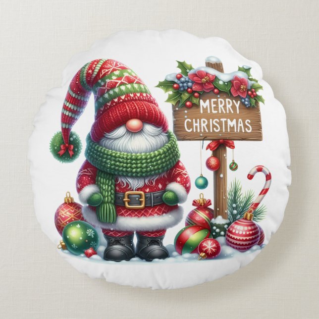 Cozy Christmas Gnome Art – Festive Holiday Round Pillow (Front)