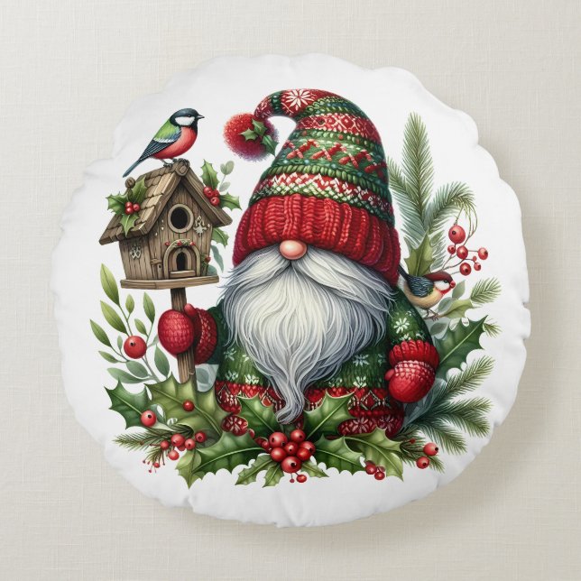 Cozy Christmas Gnome Art – Festive Holiday Round Pillow (Front)