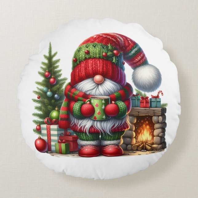 Cozy Christmas Gnome Art – Festive Holiday Round Pillow (Front)