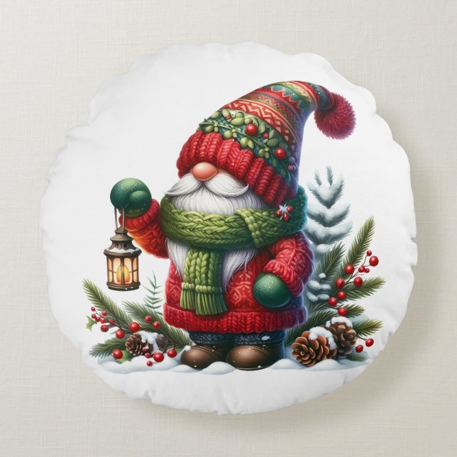 Cozy Christmas Gnome Art – Festive Holiday Round Pillow (Front)