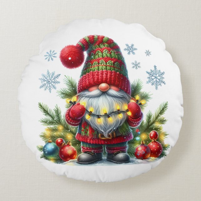 Cozy Christmas Gnome Art – Festive Holiday Round Pillow (Front)