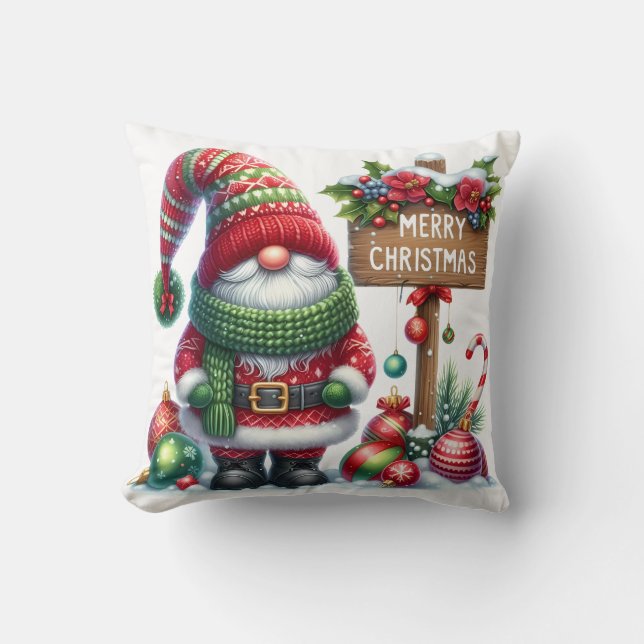 Cozy Christmas Gnome Art – Festive Holiday Throw Pillow (Front)