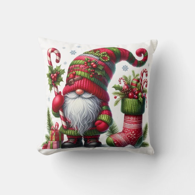 Cozy Christmas Gnome Art – Festive Holiday Throw Pillow (Front)