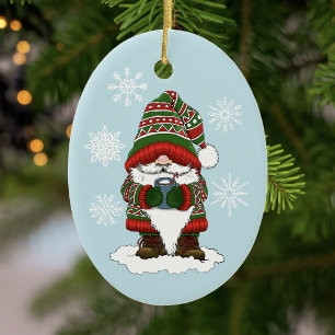 Cozy Christmas Gnome Red Green Winter Cute Ceramic Ornament