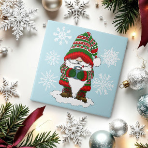 Cozy Christmas Gnome Red Green Winter Cute Ceramic Tile