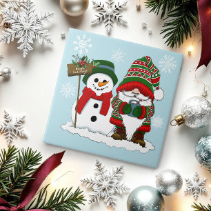 Cozy Christmas Gnome Snowman Winter Holiday Cute Ceramic Tile