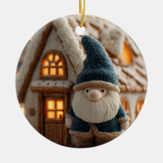 Cozy Christmas Gnome with Gingerbread House Ceramic Ornament
