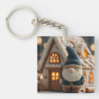 Cozy Christmas Gnome with Gingerbread House Keychain