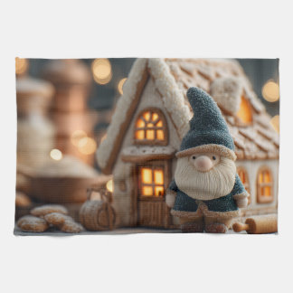 Cozy Christmas Gnome with Gingerbread House Kitchen Towel