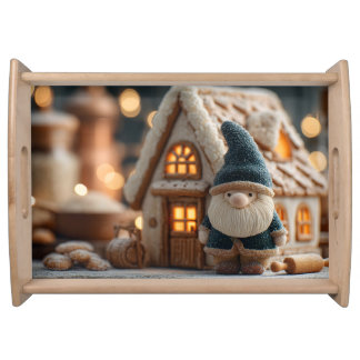 Cozy Christmas Gnome with Gingerbread House Serving Tray