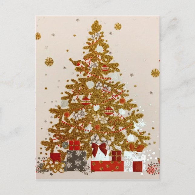 Cozy Christmas Gold Glittered Tree Presents Announcement Postcard (Front)