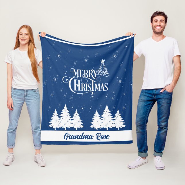 Cozy Christmas Grandma Blue White Fleece Blanket (In Situ)
