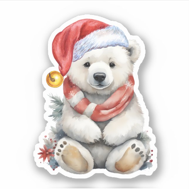 Cozy Christmas Hat Polar Bear with Red Scarf Sticker (Front)