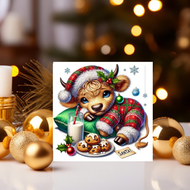 Cozy Christmas Highland Cow in Festive Pajamas Holiday Card (Creator Uploaded)