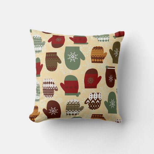 Cozy Christmas Holiday Winter Mittens Throw Pillow