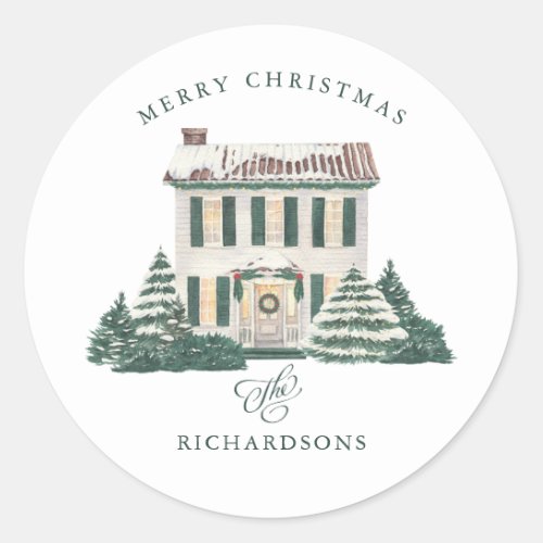 Cozy Christmas House  Family Name Holiday Classic Round Sticker