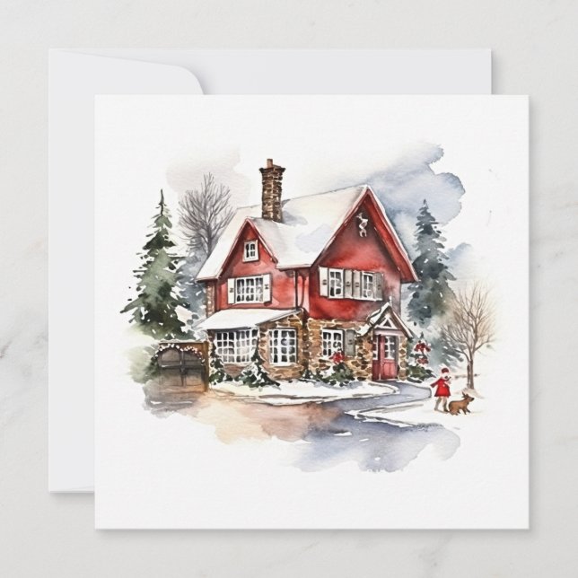 Cozy Christmas Houses with Snow Note Card (Front)