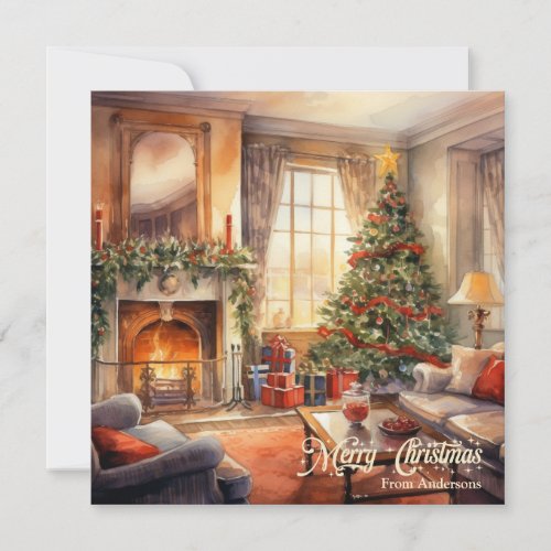 Cozy Christmas interior with fireplace and Tree Holiday Card