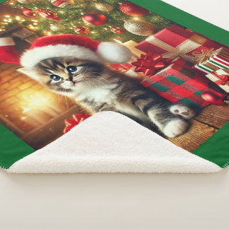 Cozy Christmas Kitten large Sherpa Blanket